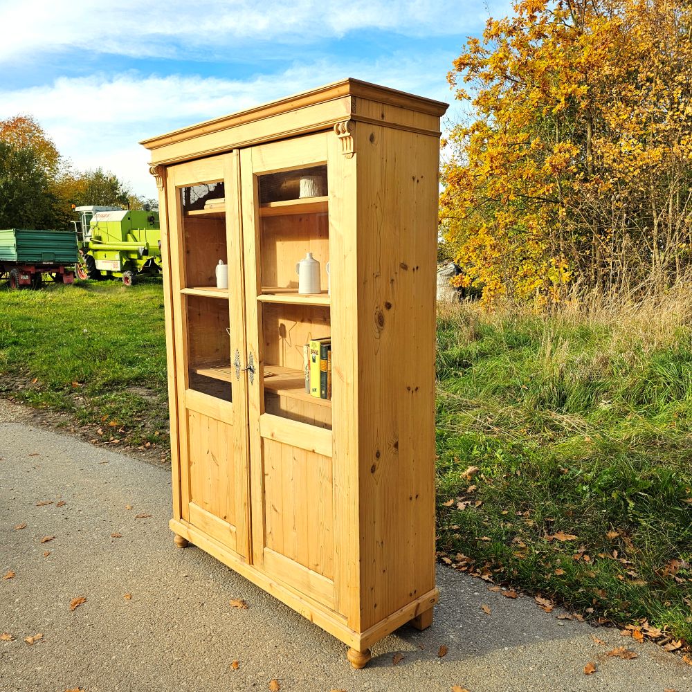 2-türige Glas-Vitrine Glasschrank Bauernschrank aus Fichtenholz, gewachst - 276