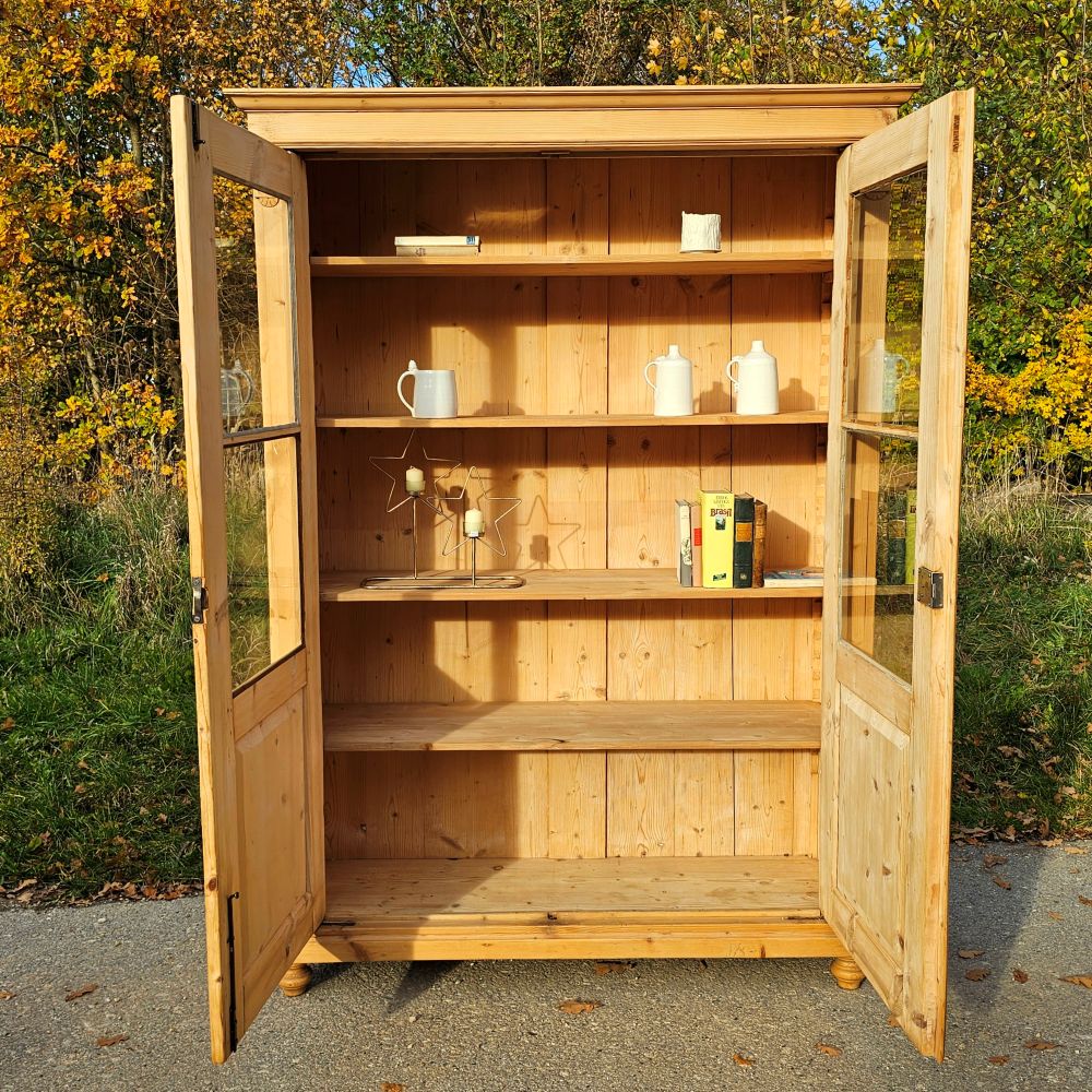 2-türige Glas-Vitrine Glasschrank Bauernschrank aus Fichtenholz, gewachst - 276