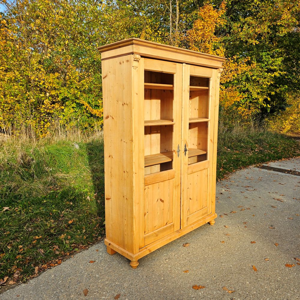 2-türige Glas-Vitrine Glasschrank Bauernschrank aus Fichtenholz, gewachst - 276