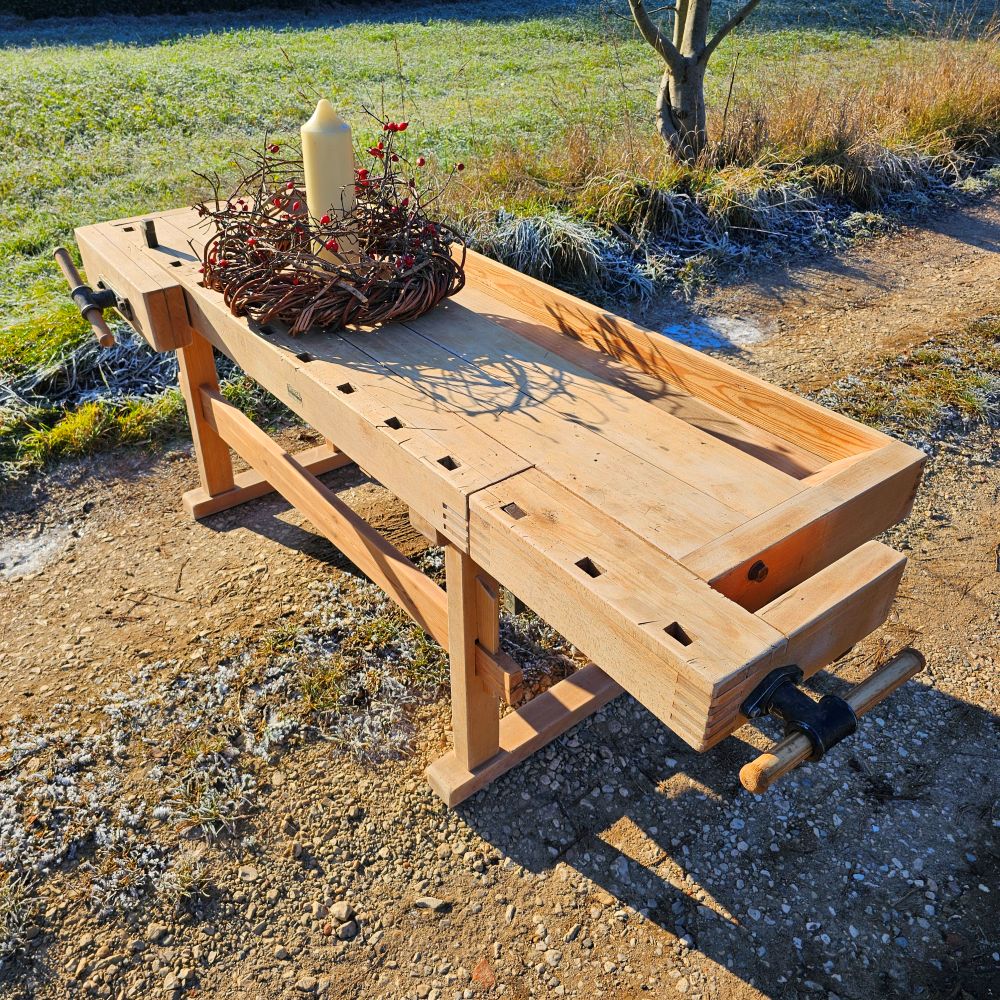 Alte rustikale Hobelbank mit 2 Schraubstöcken massiv Schreibtisch Kücheninsel - 291