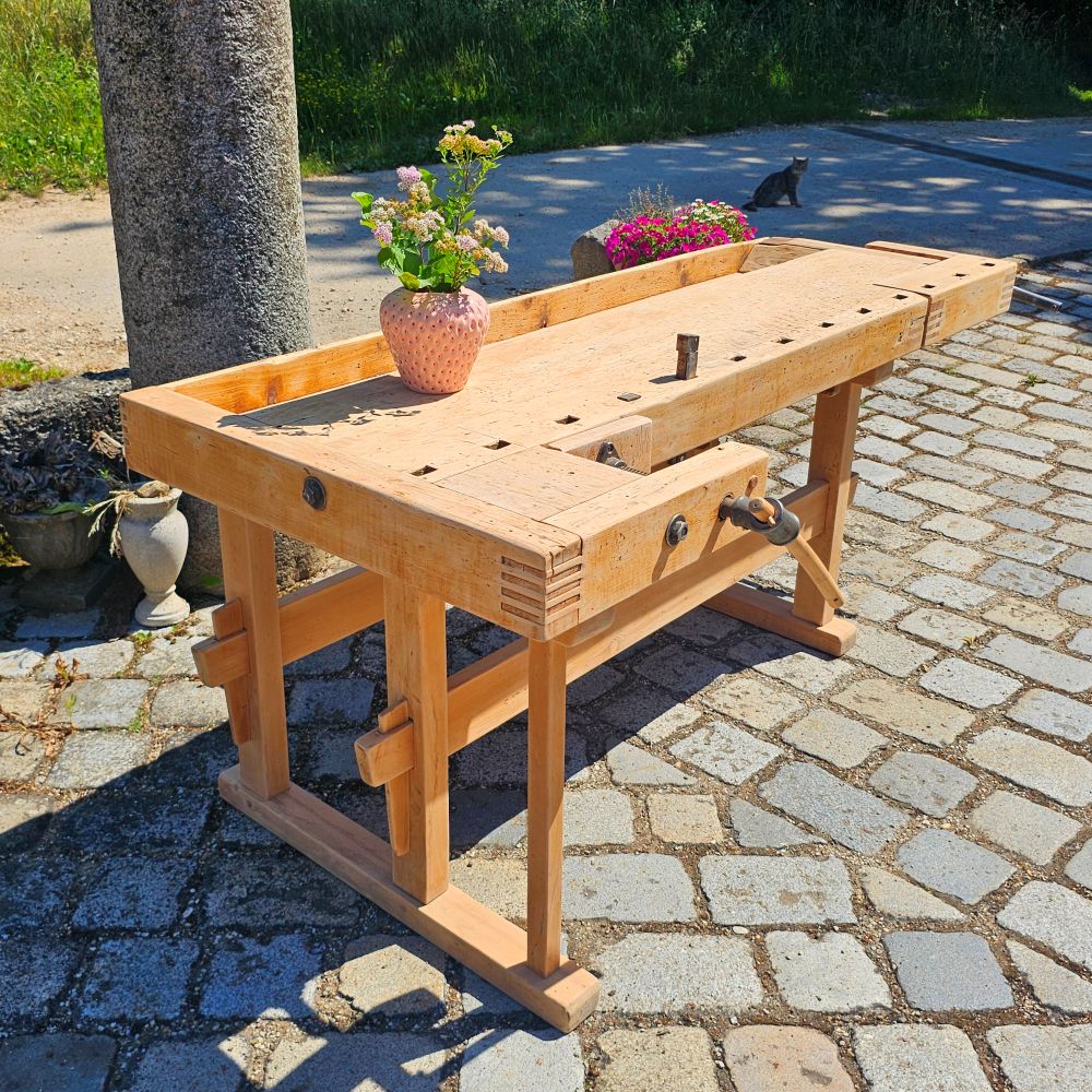 Alte rustikale Hobelbank mit 2 Schraubstöcken massiv Schreibtisch Kücheninsel - 308