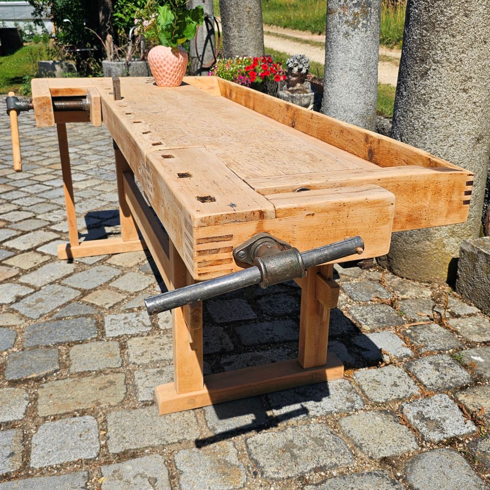 Alte rustikale Hobelbank mit 2 Schraubstöcken massiv Schreibtisch Kücheninsel - 308