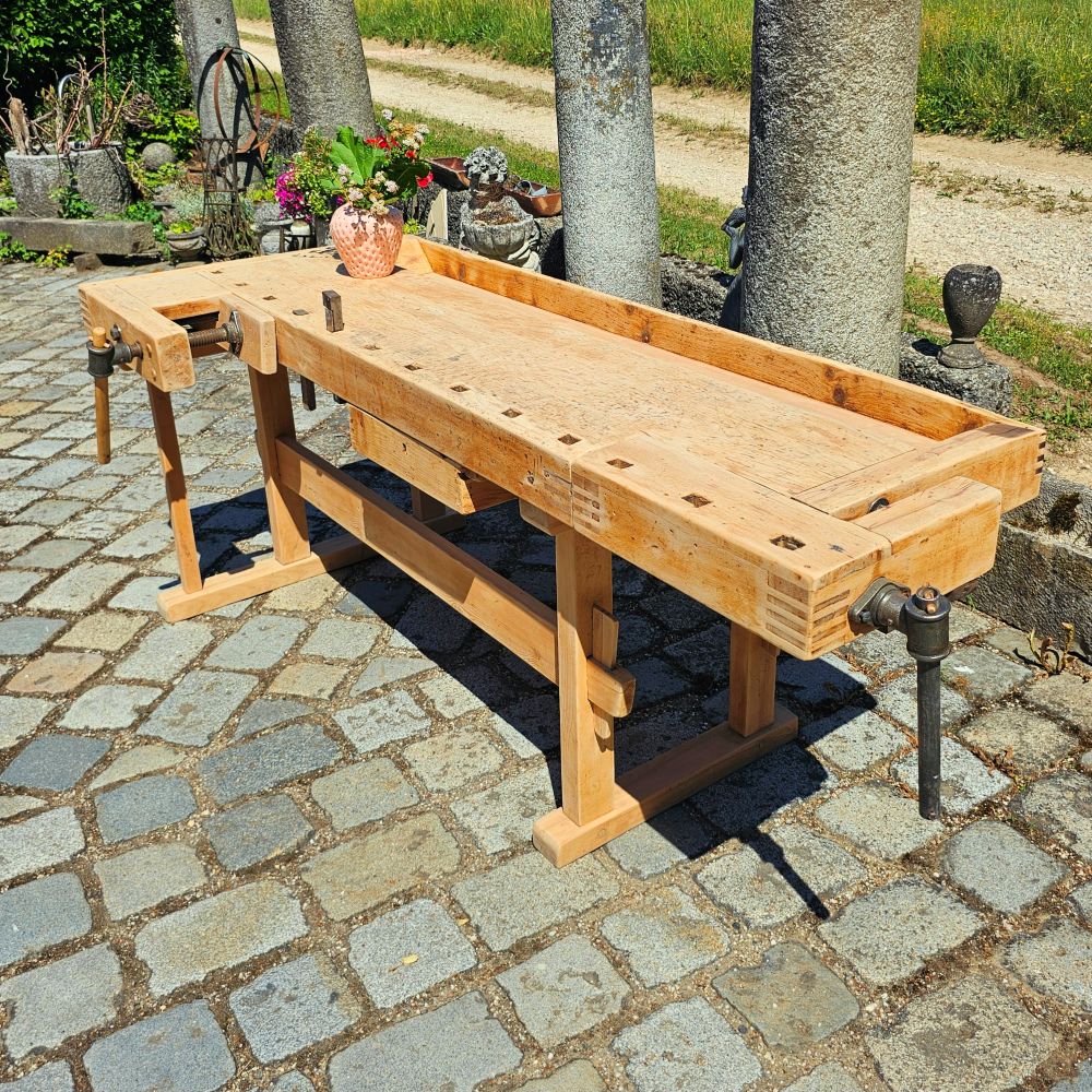 Alte rustikale Hobelbank mit 2 Schraubstöcken massiv Schreibtisch Kücheninsel - 308