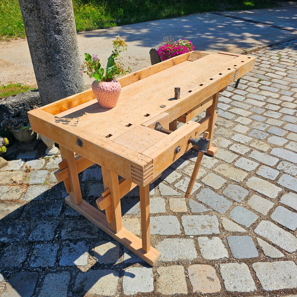 Alte rustikale Hobelbank mit 2 Schraubstöcken massiv Schreibtisch Kücheninsel - 308