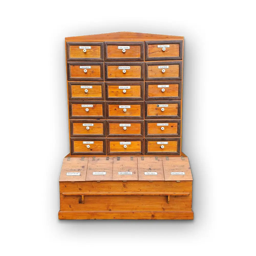 Original antiker alter Apothekerschrank mit Aufsatz Schubläden und Schütten Truhen Emaille Schildern - 265