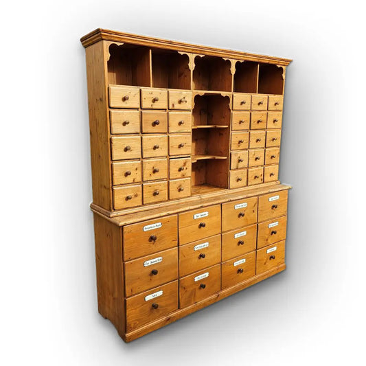 Original antiker alter Apothekerschrank mit Aufsatz mit Schubläden Regal Emaille Schildern - 286