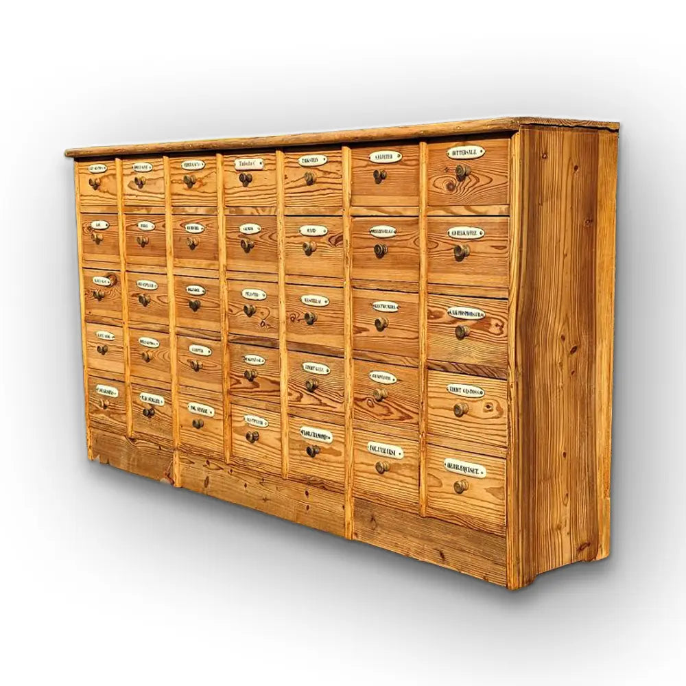 Alter antiker Apothekerschrank Schubladenschrank Ladentheke mit Porzellanschildern - 283