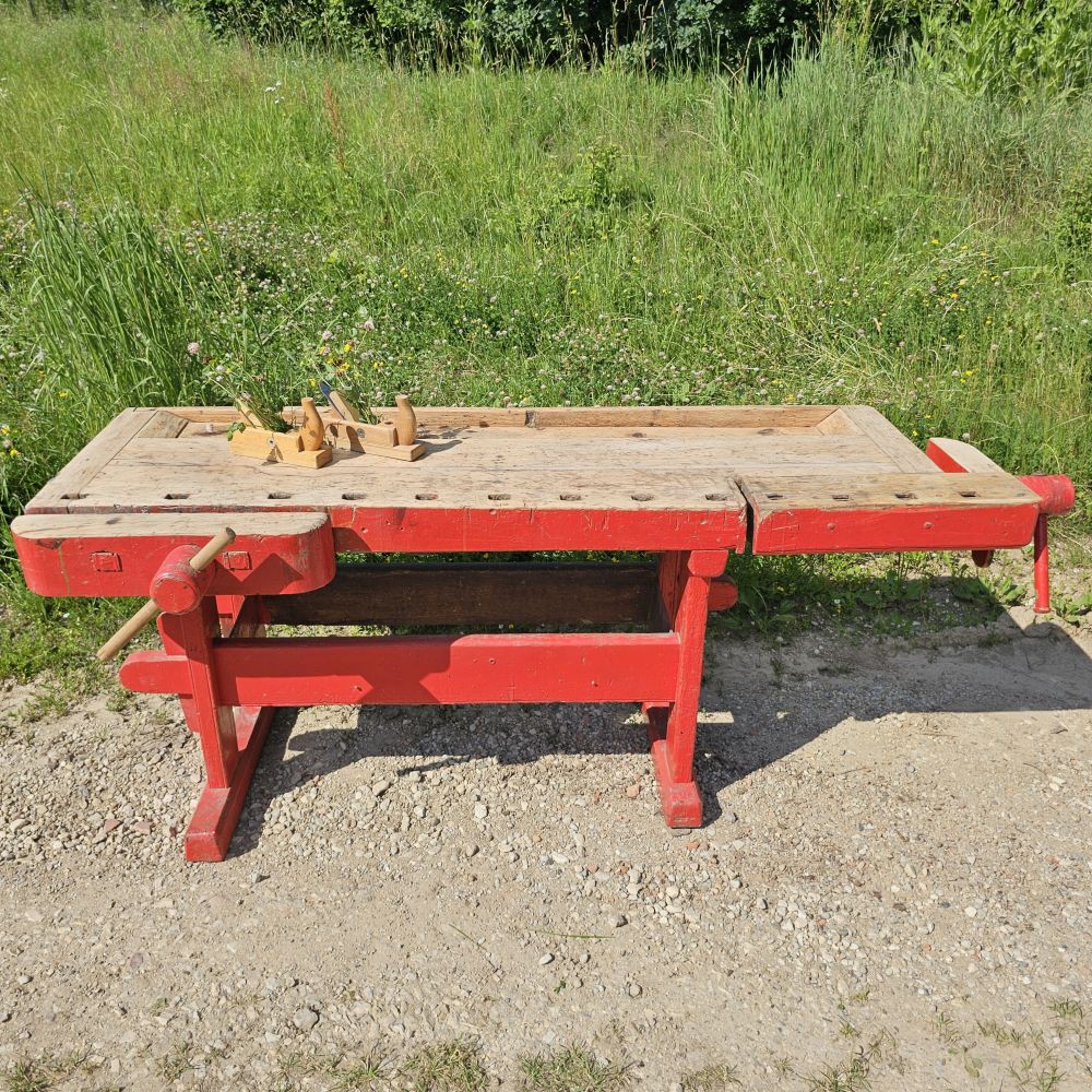 Rote alte antike urige rustikale Hobelbank Werkbank - 272