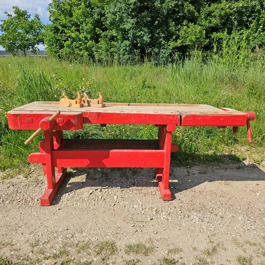 Rote alte antike urige rustikale Hobelbank Werkbank - 272