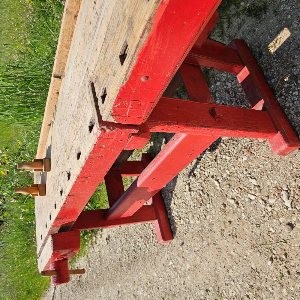 Rote alte antike urige rustikale Hobelbank Werkbank - 272