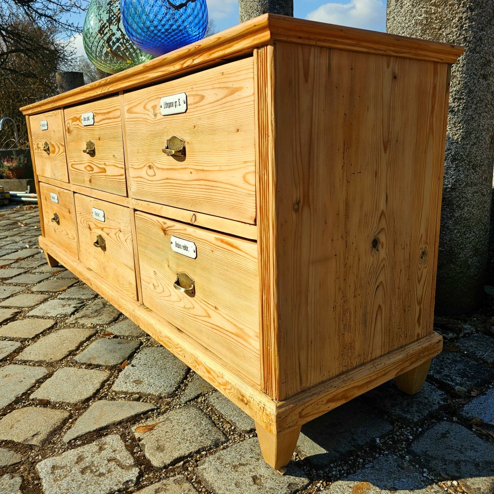Alter antiker Apothekenschrank Ladeneinrichtung mit schöner Rückseite Weichholz Fichte - 298