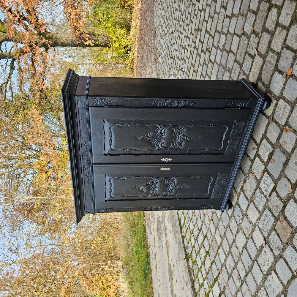 Edler alter eleganter vintage Schrank Eiche Massivholz schwarz mit Schnitzereien - 287