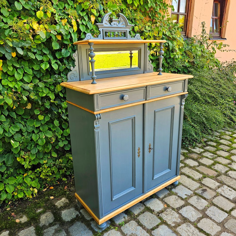 Kommode Vertiko alt antik original mit Spiegelaufsatz restauriert, neu lackiert grau - 264