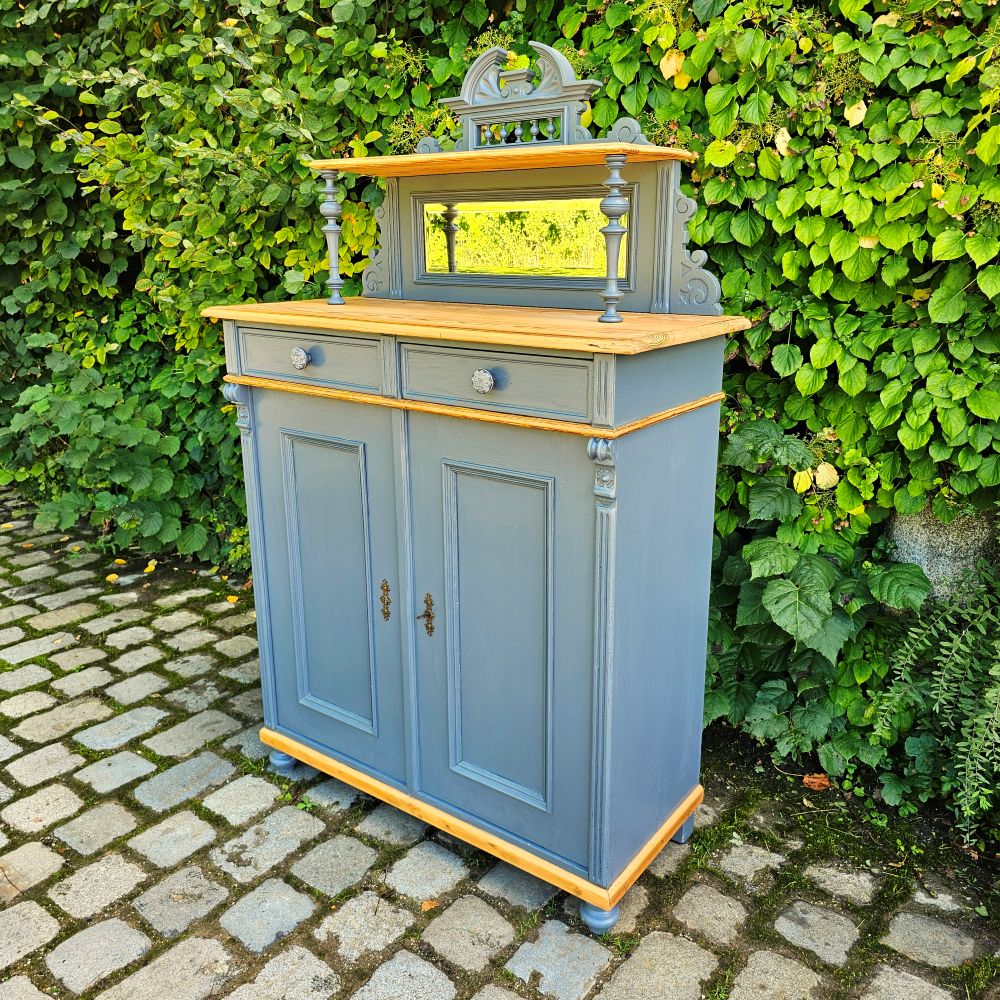 Kommode Vertiko alt antik original mit Spiegelaufsatz restauriert, neu lackiert grau - 264