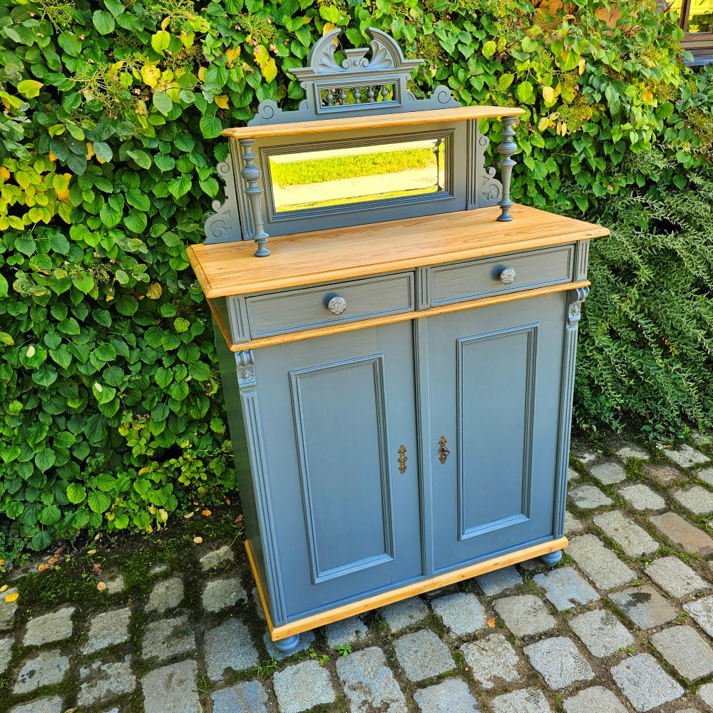 Kommode Vertiko alt antik original mit Spiegelaufsatz restauriert, neu lackiert grau - 264
