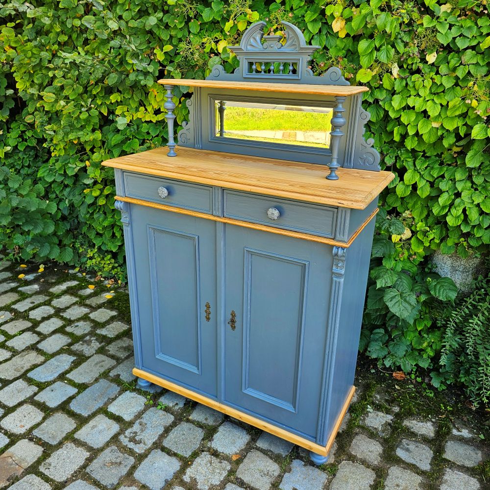 Kommode Vertiko alt antik original mit Spiegelaufsatz restauriert, neu lackiert grau - 264