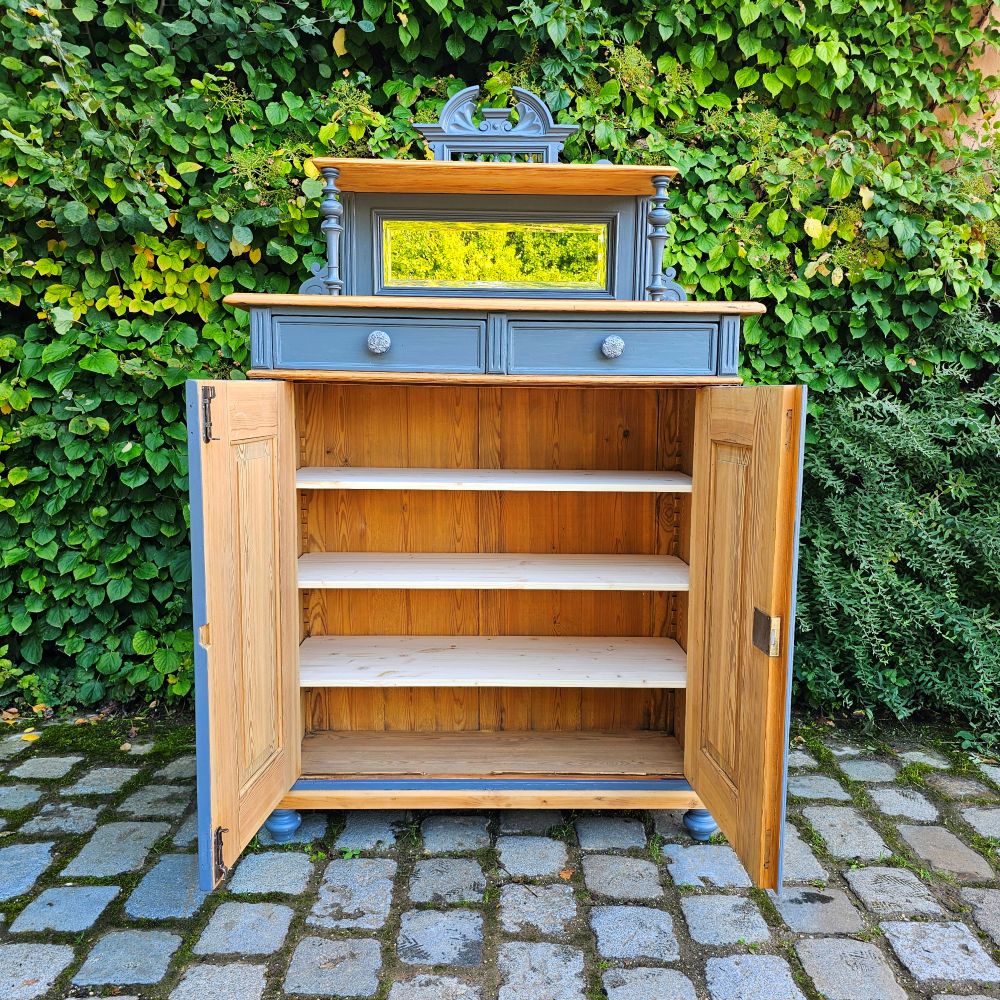 Kommode Vertiko alt antik original mit Spiegelaufsatz restauriert, neu lackiert grau - 264