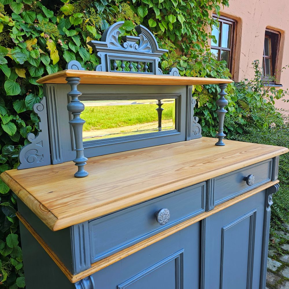 Kommode Vertiko alt antik original mit Spiegelaufsatz restauriert, neu lackiert grau - 264