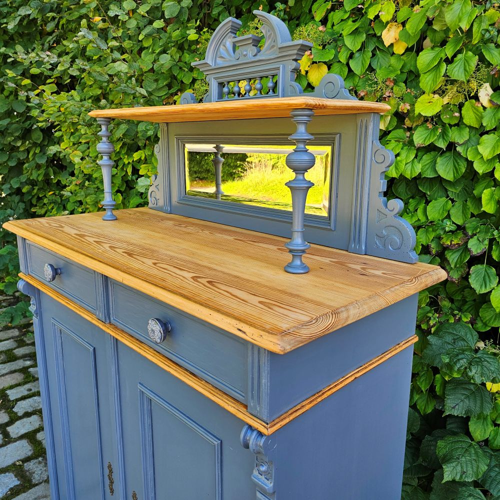 Kommode Vertiko alt antik original mit Spiegelaufsatz restauriert, neu lackiert grau - 264