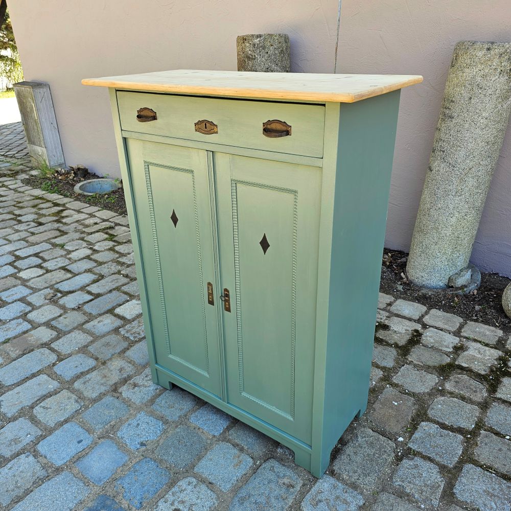 Kommode Vertiko alt antik original mit Einlegearbeiten, neu lackiert green smoke - 302