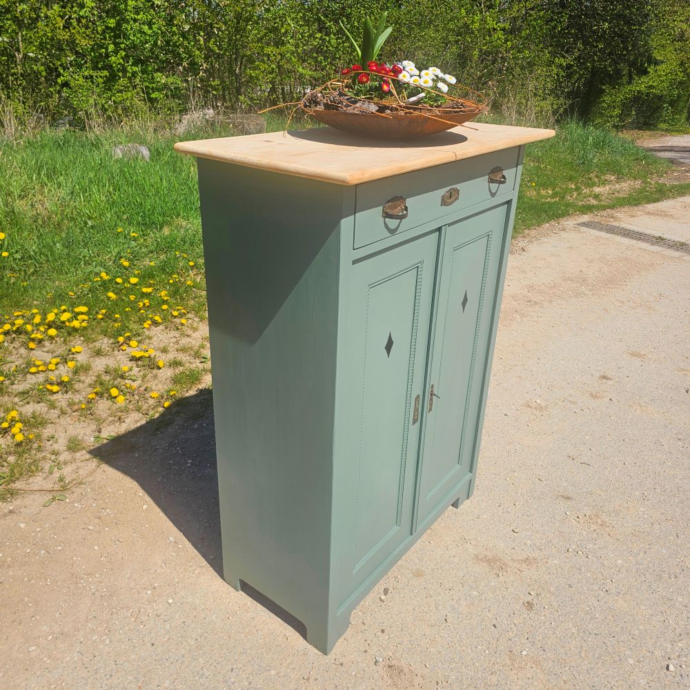 Kommode Vertiko alt antik original mit Einlegearbeiten, neu lackiert green smoke - 302