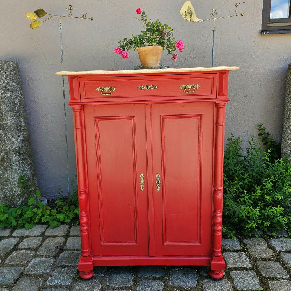 Kommode Vertiko alt antik original mit Säulen, neu lackiert rot Schwedenrot - 306