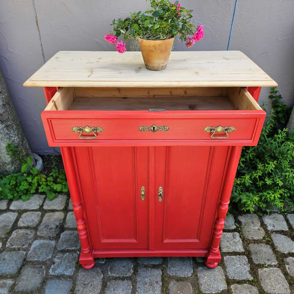 Kommode Vertiko alt antik original mit Säulen, neu lackiert rot Schwedenrot - 306