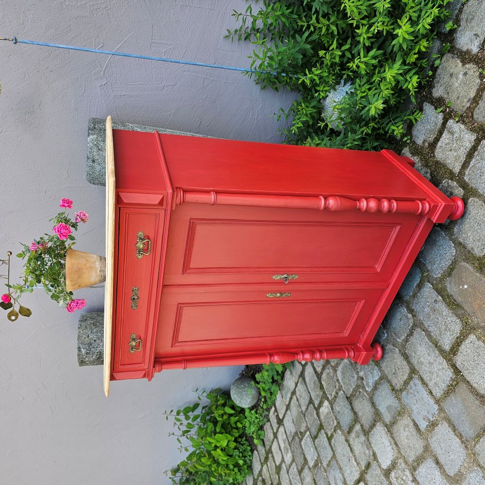 Kommode Vertiko alt antik original mit Säulen, neu lackiert rot Schwedenrot - 306
