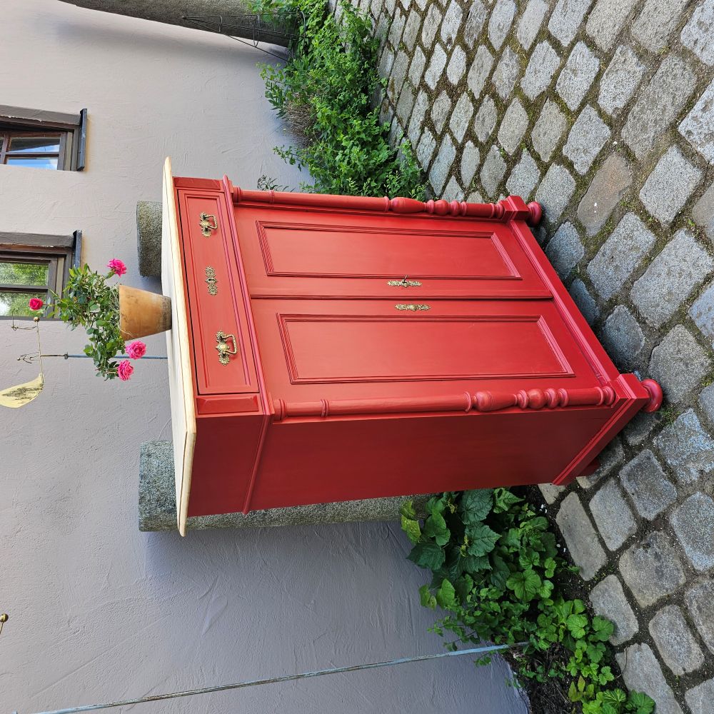 Kommode Vertiko alt antik original mit Säulen, neu lackiert rot Schwedenrot - 306