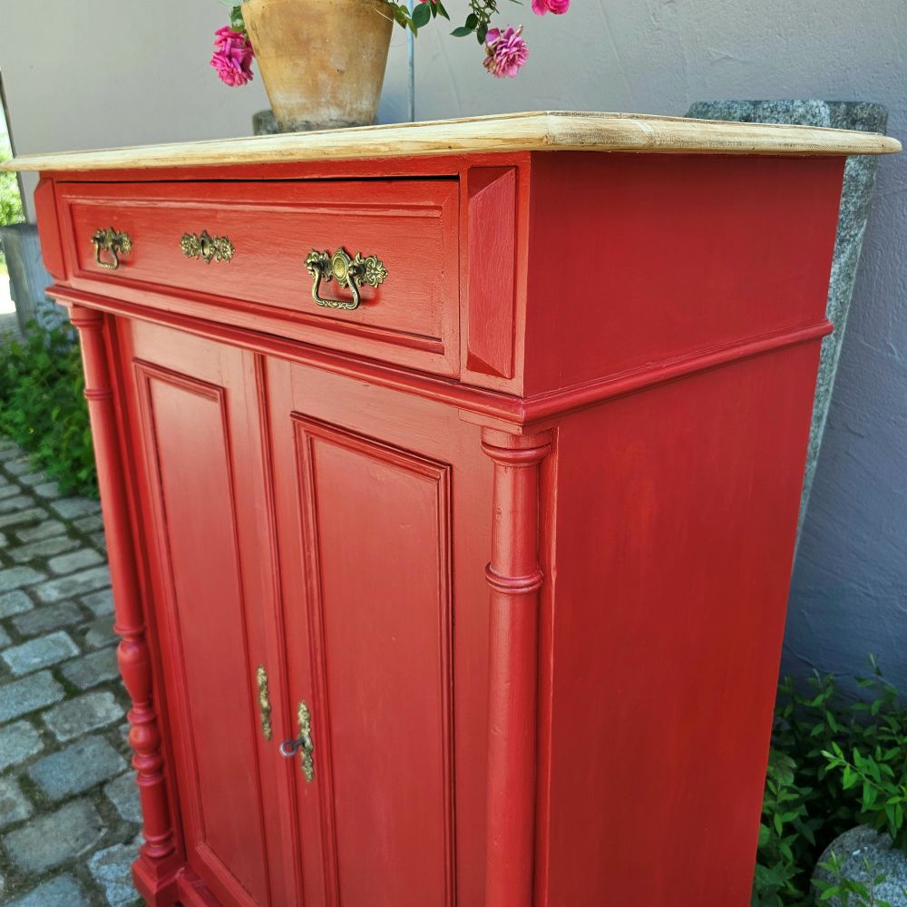 Kommode Vertiko alt antik original mit Säulen, neu lackiert rot Schwedenrot - 306