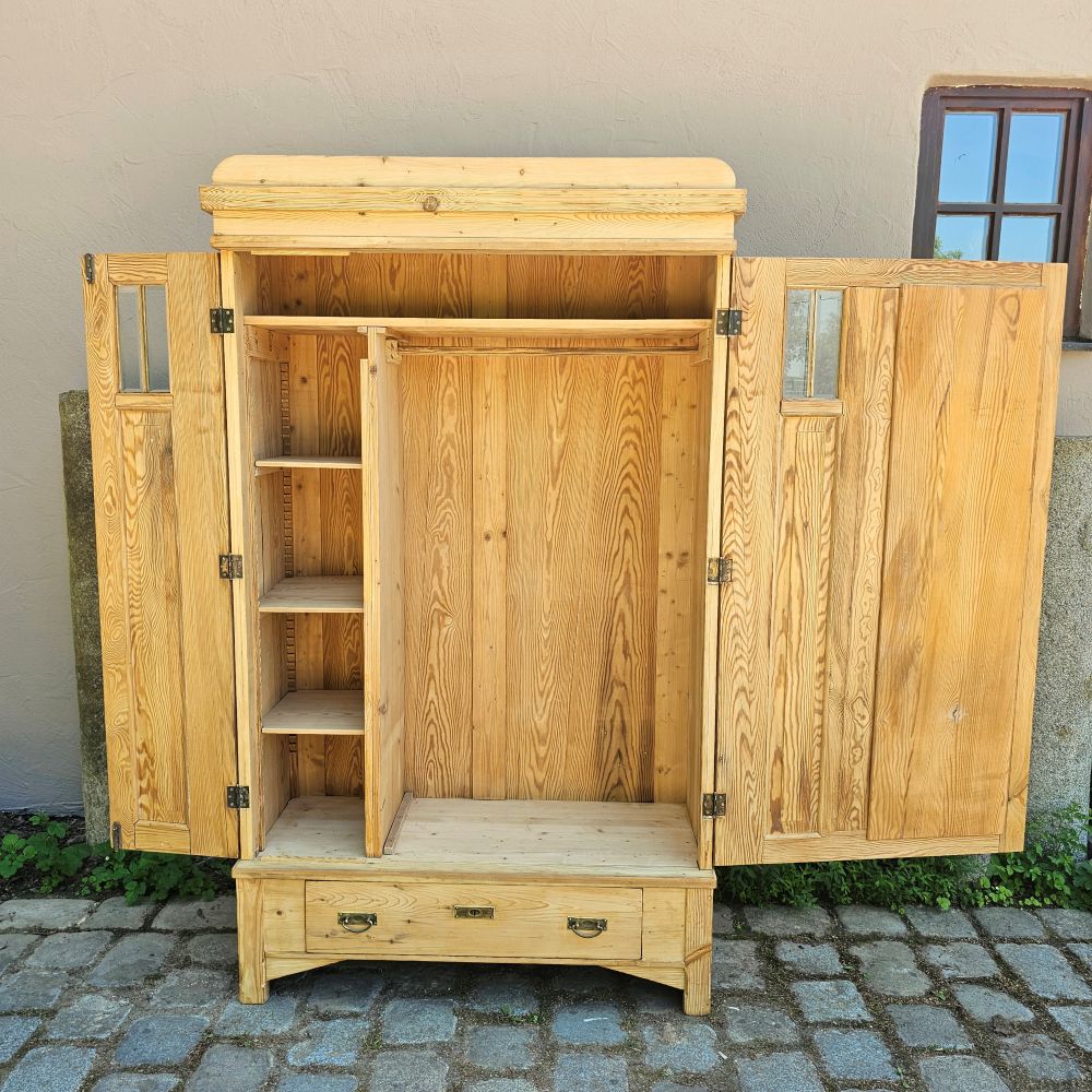 Alter Garderobenschrank Jugendstil 2-türig antik mit original geschliffenem Spiegel und Glas - 305