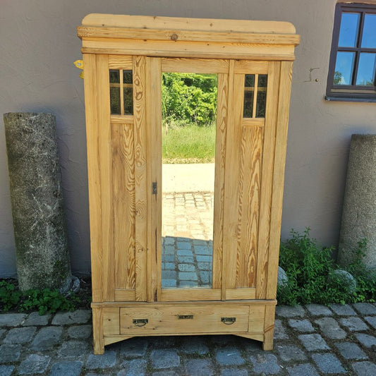Alter Garderobenschrank Jugendstil 2-türig antik mit original geschliffenem Spiegel und Glas - 305