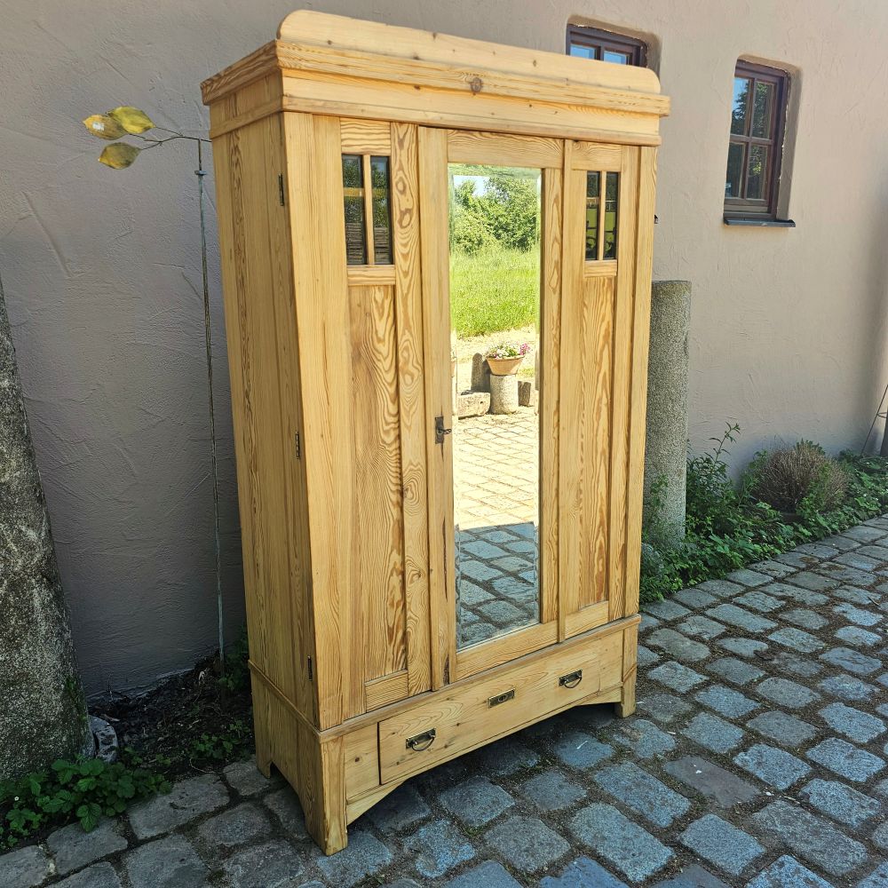 Alter Garderobenschrank Jugendstil 2-türig antik mit original geschliffenem Spiegel und Glas - 305