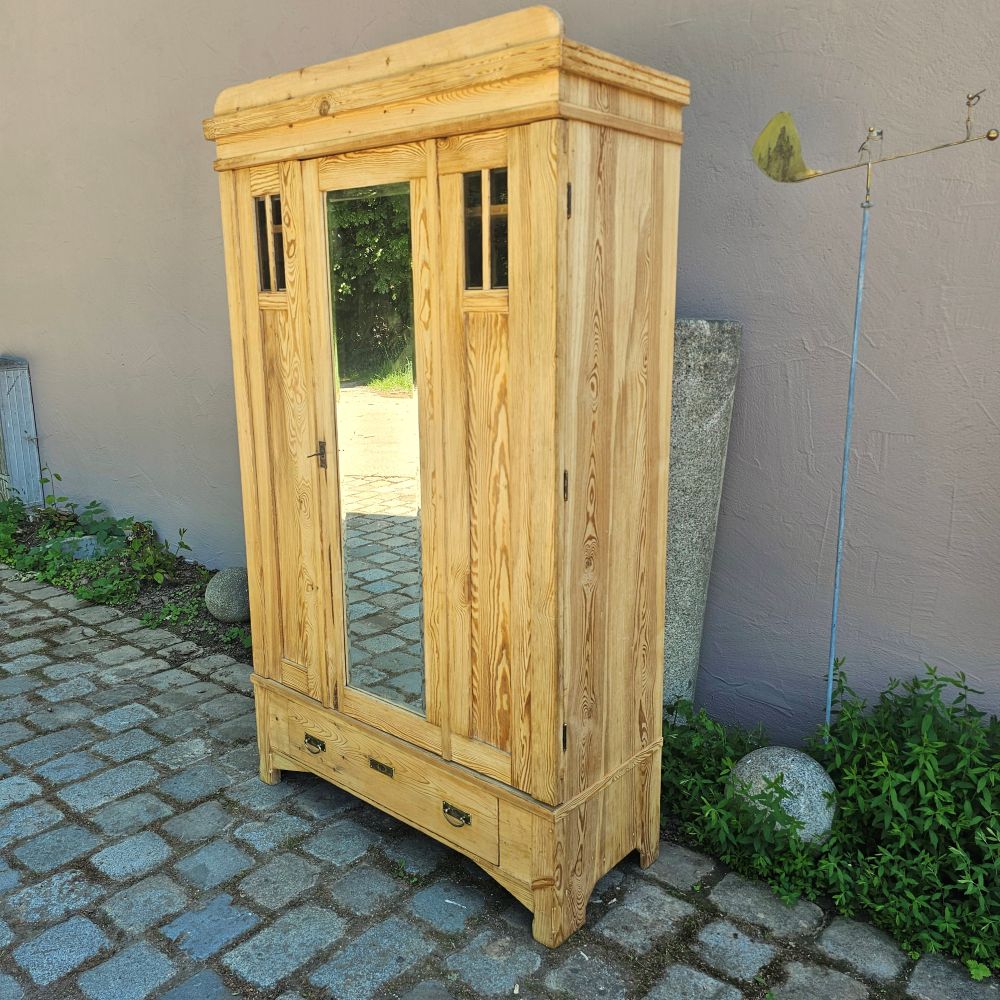 Alter Garderobenschrank Jugendstil 2-türig antik mit original geschliffenem Spiegel und Glas - 305